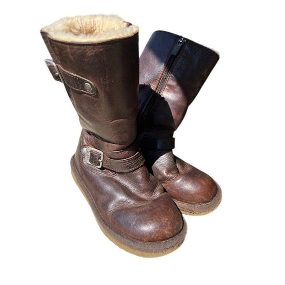 Ugg Kensington Size 1 Brown Distressed Leather 1969 Sheepskin Youth Boot Zipper